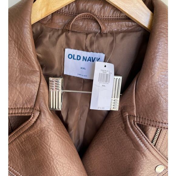Old Navy Faux-Leather Belted Biker Motor Jacket Espresso Brown Size XXL $75 NWT - Picture 8 of 16